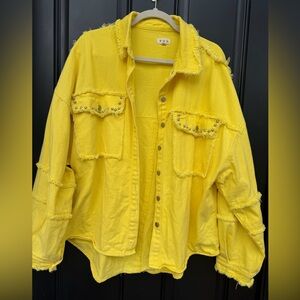 POL Frayed Stud-Accent Oversized Jean Denim Jacket